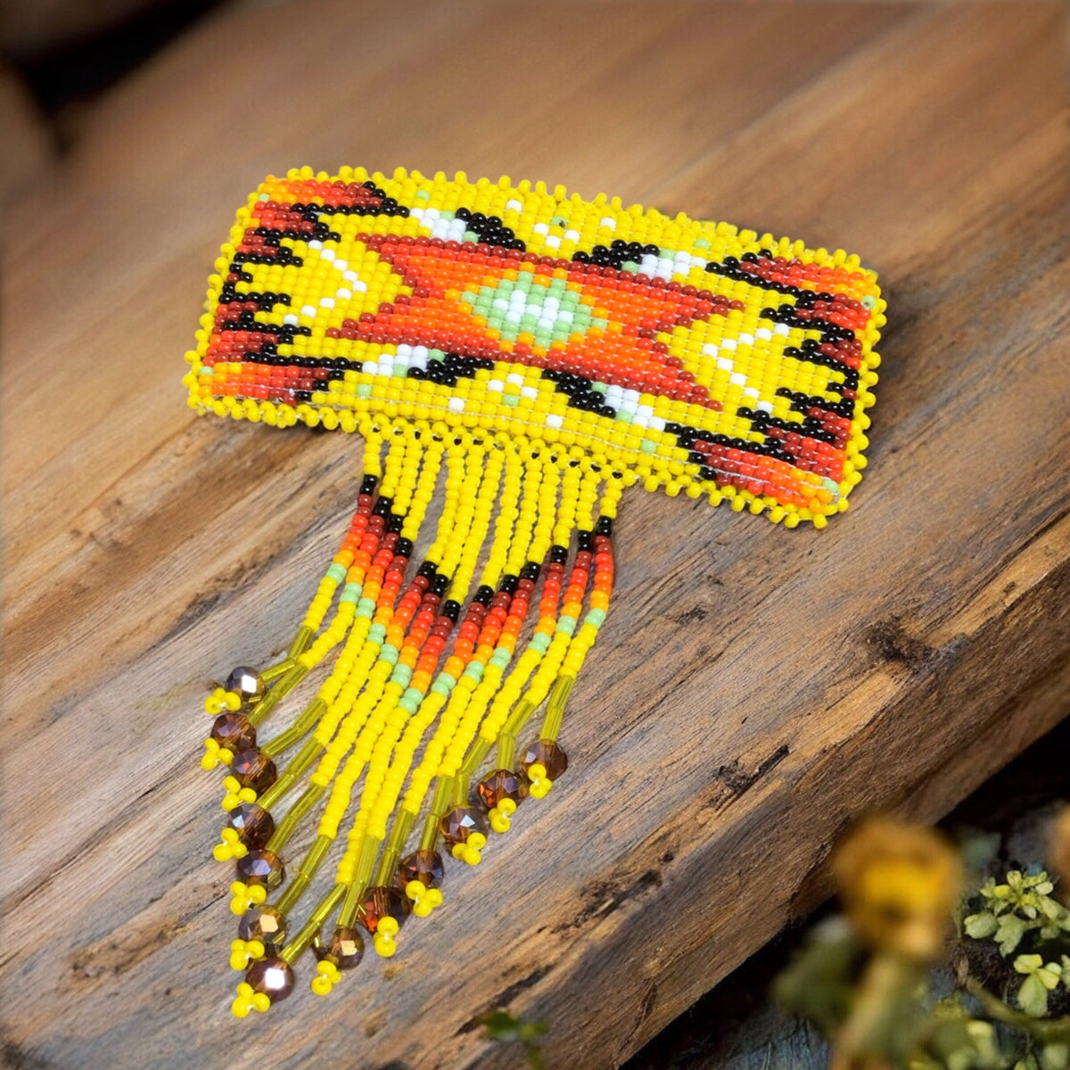 Barrette rectangulaire à franges - Jaune
