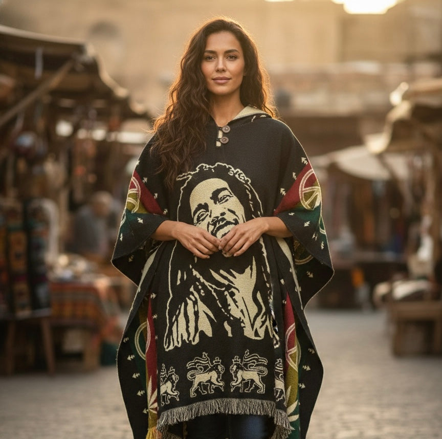 Poncho à Capuche Vintage Bob Marley Poncho en Laine Fait Main