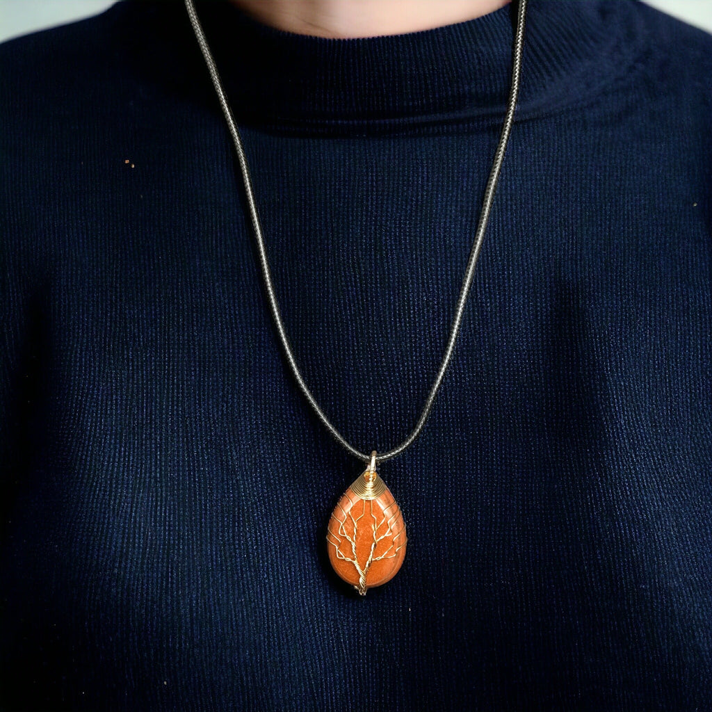 Pendentif Pierre Orange Arbre de Vie Doré