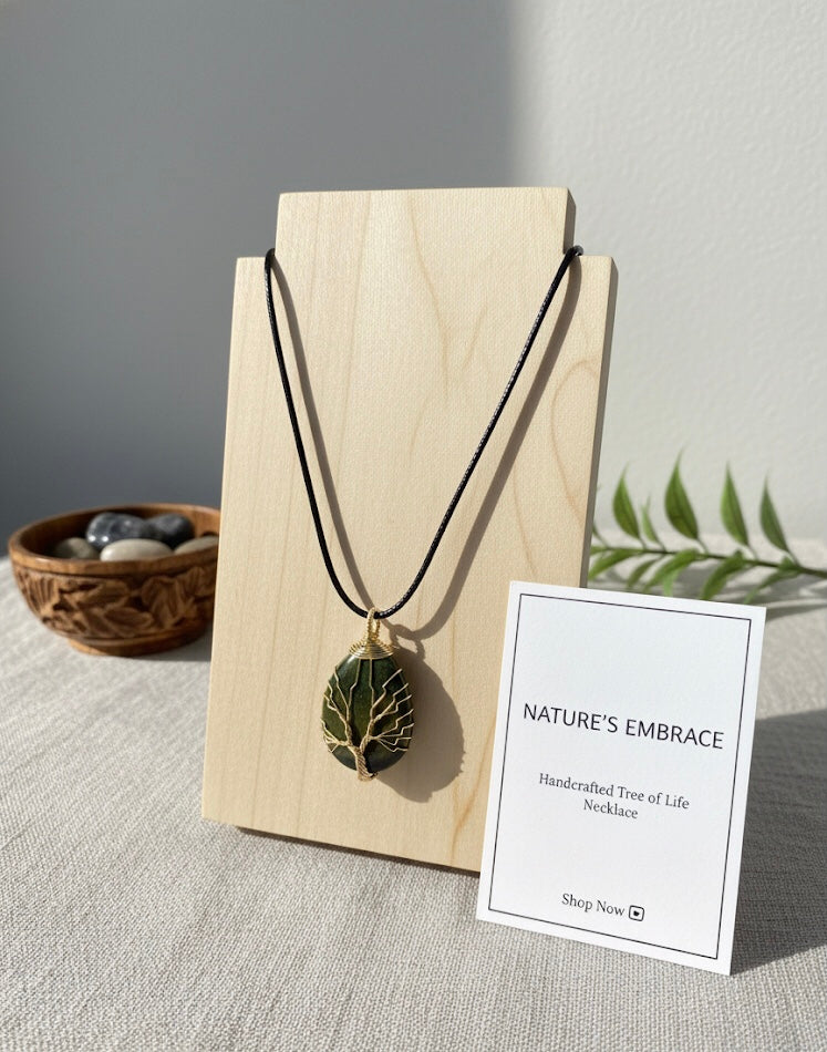Pendentif en pierre gemme Oeil de tigre doré jaune enroulé d'un Arbre de vie doré
