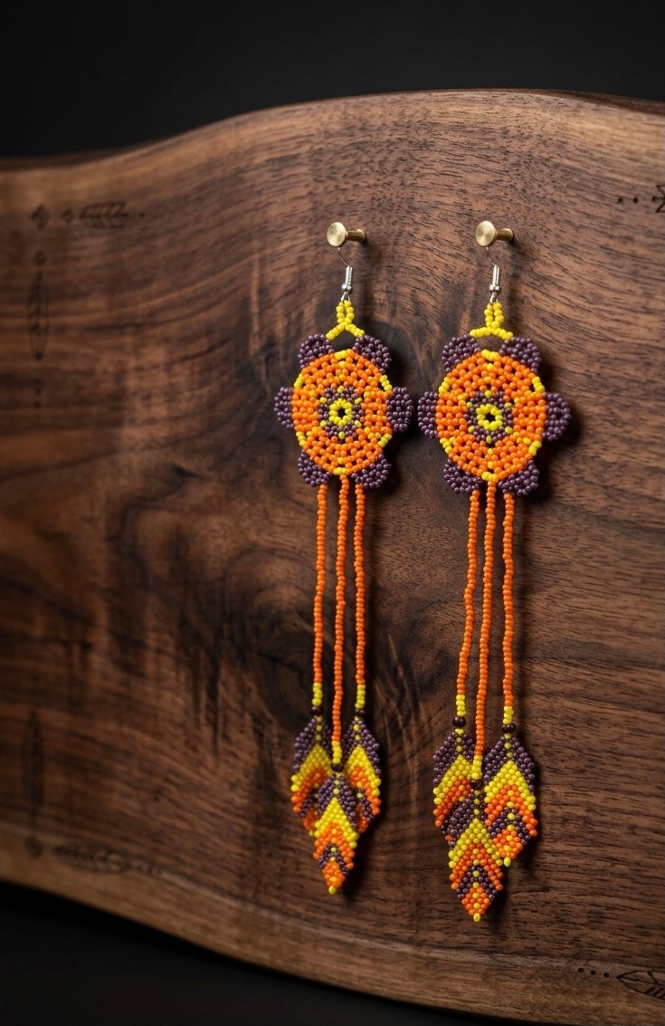 Boucles d'oreilles perlées Sun Feather Bloom - Orange/jaune/violet foncé