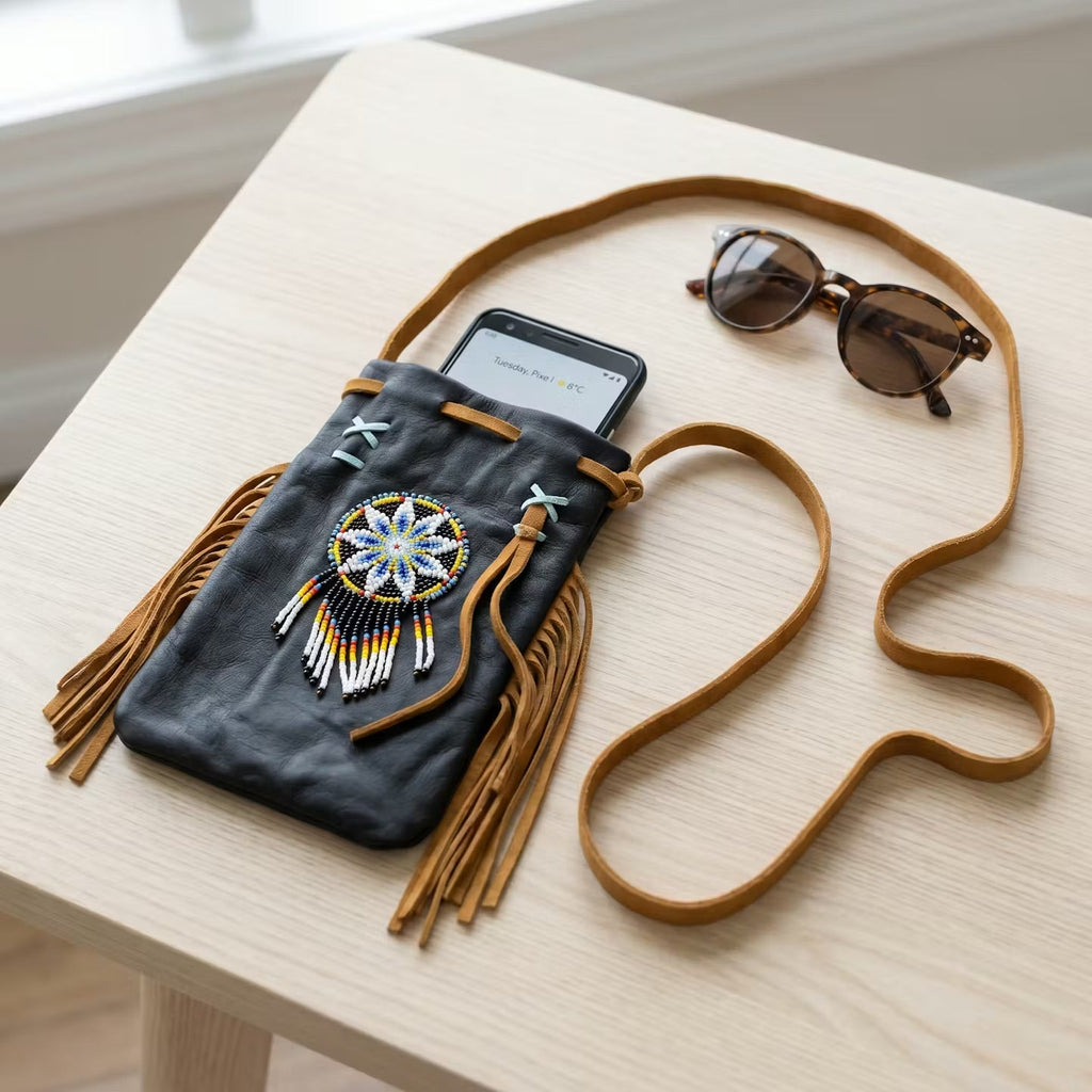 Pochette de téléphone en daim brodée de perles ~ Noir