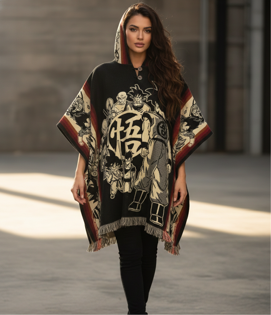 Poncho en laine à motifs