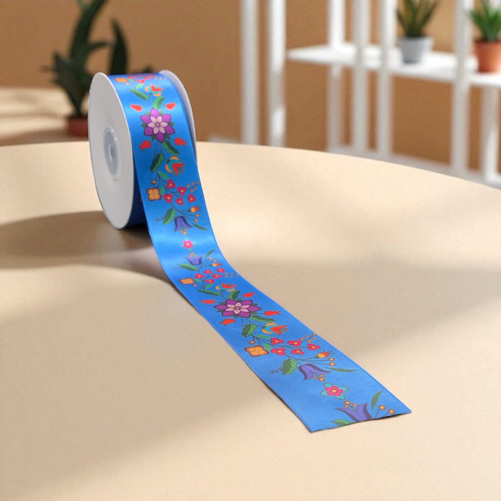 Rouleau de ruban floral double face bleu