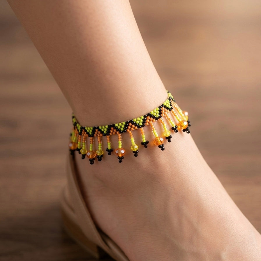 Beaded Anklet Orange Green