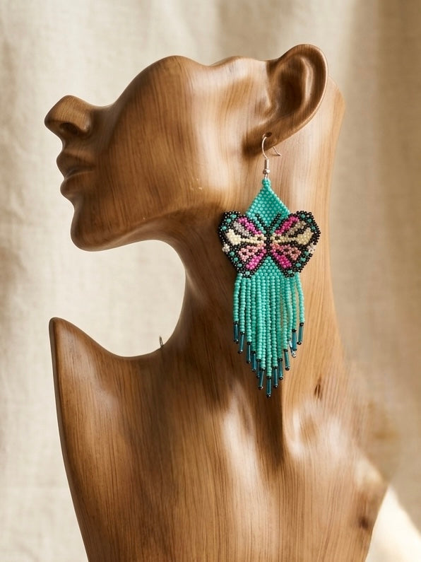 Boucles d'oreilles ailes dansantes perlées turquoise et roses