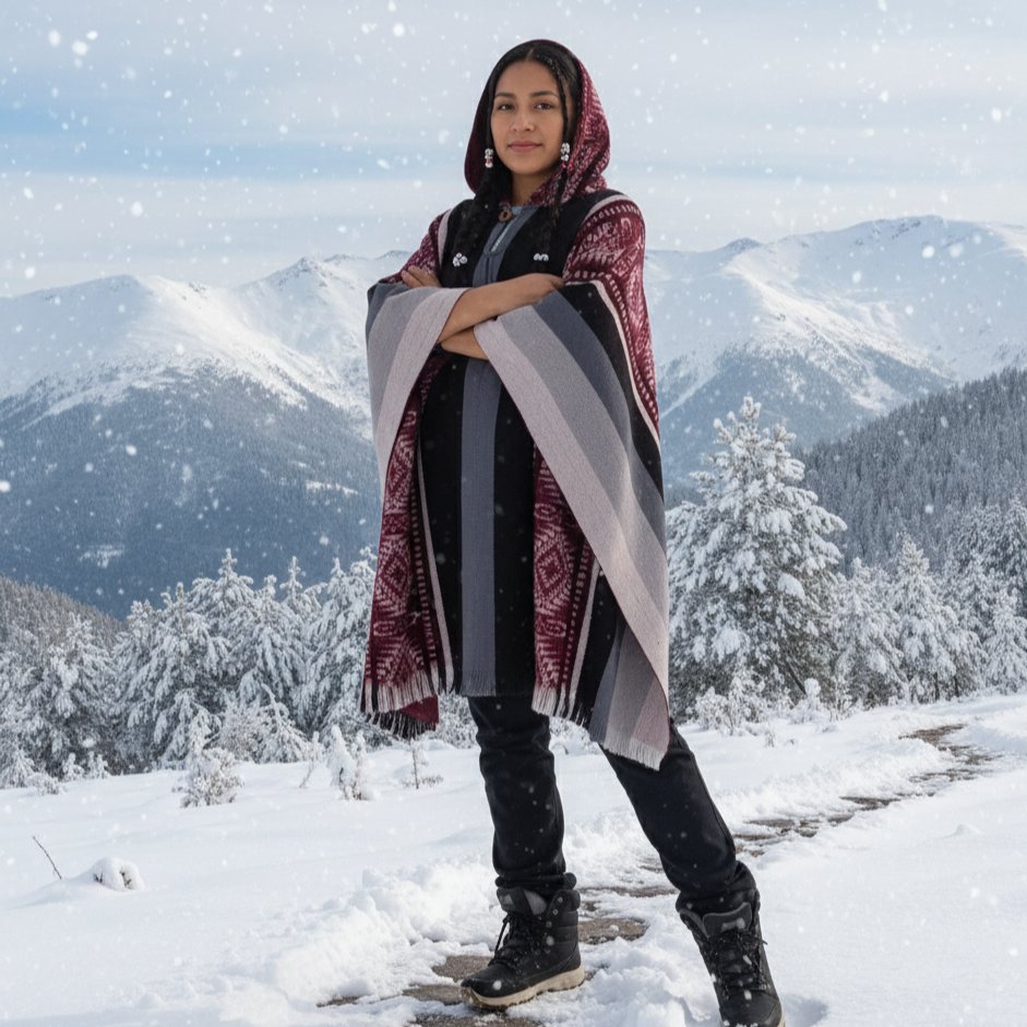 Ponchos en laine doux faits à la main noir et rouge