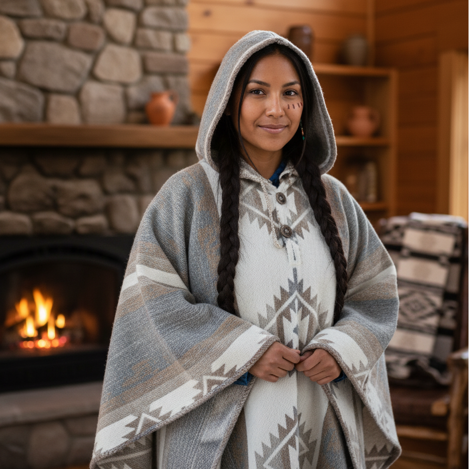 Ponchos en laine AZTÈQUE gris et blanc