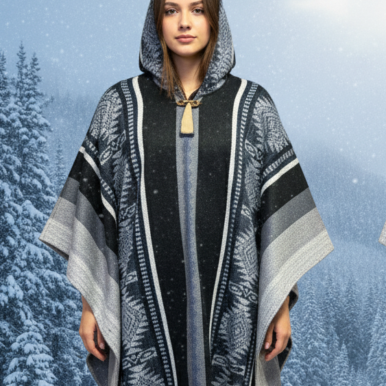 Ponchos en laine doux faits main gris clair et noirs