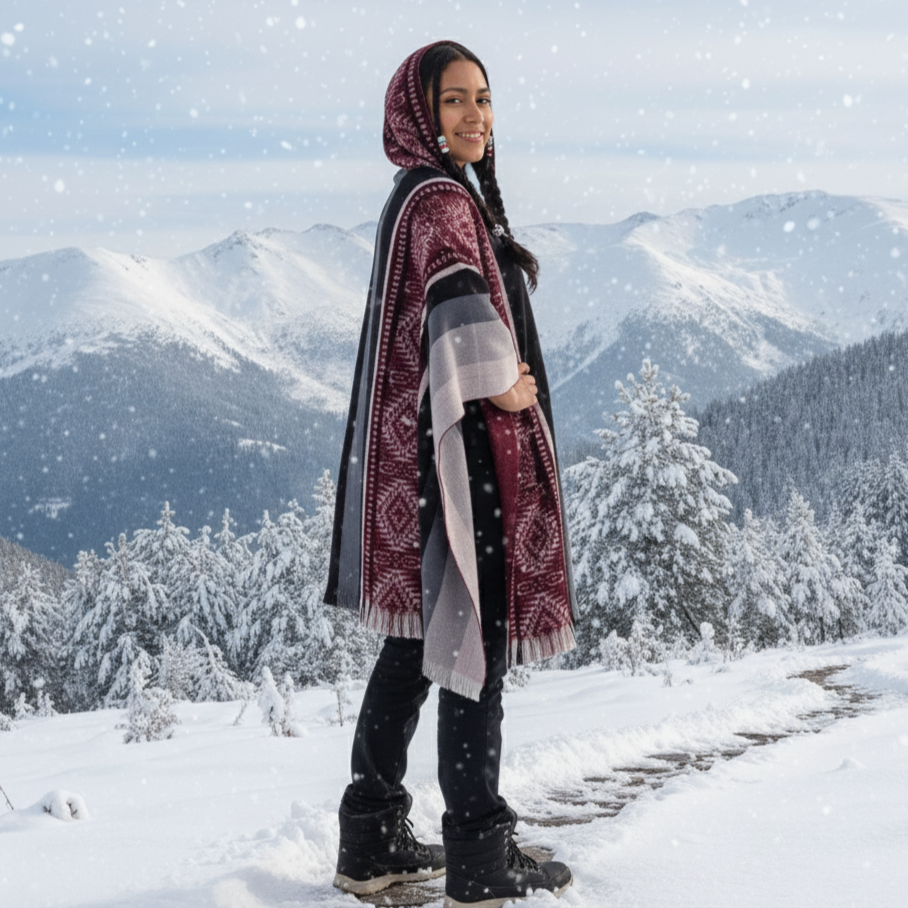 Ponchos en laine doux faits à la main noir et rouge