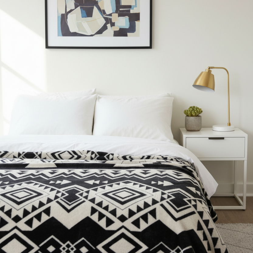 COUVERTURE EN PELUCHE DE LUXE ULTRA DOUCE (blanc Navajo et noir)