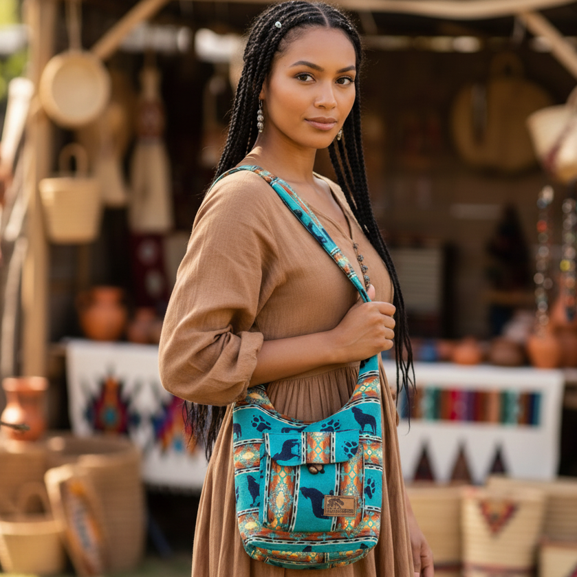 Sac bandoulière OLDTRIBES™ loup turquoise et orange noir