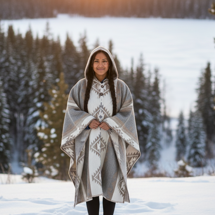 Ponchos en laine AZTÈQUE gris et blanc