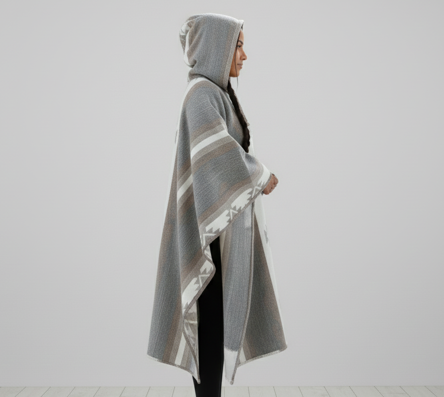 Ponchos en laine AZTÈQUE gris et blanc