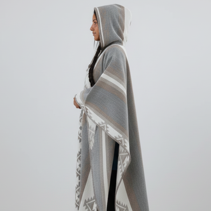 Ponchos en laine AZTÈQUE gris et blanc