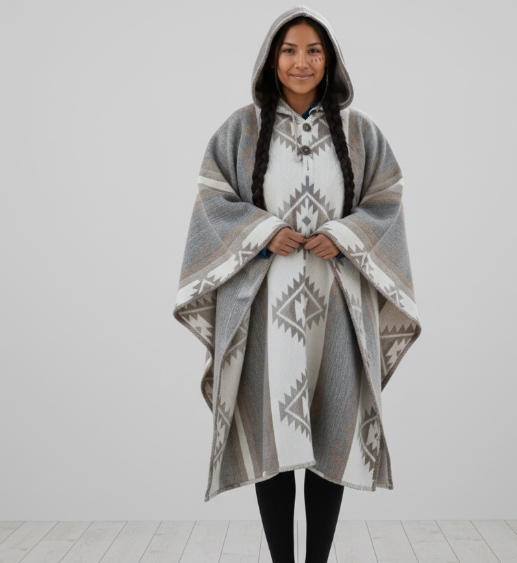 Ponchos en laine AZTÈQUE gris et blanc