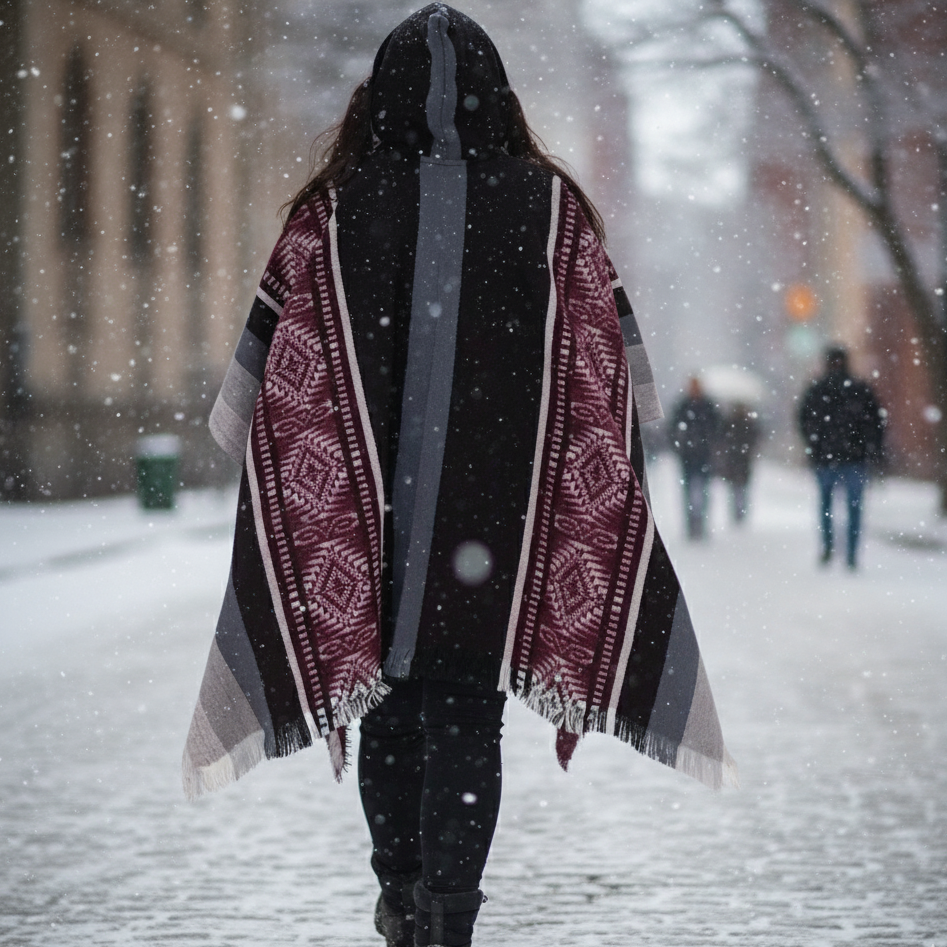 Ponchos en laine doux faits à la main noir et rouge