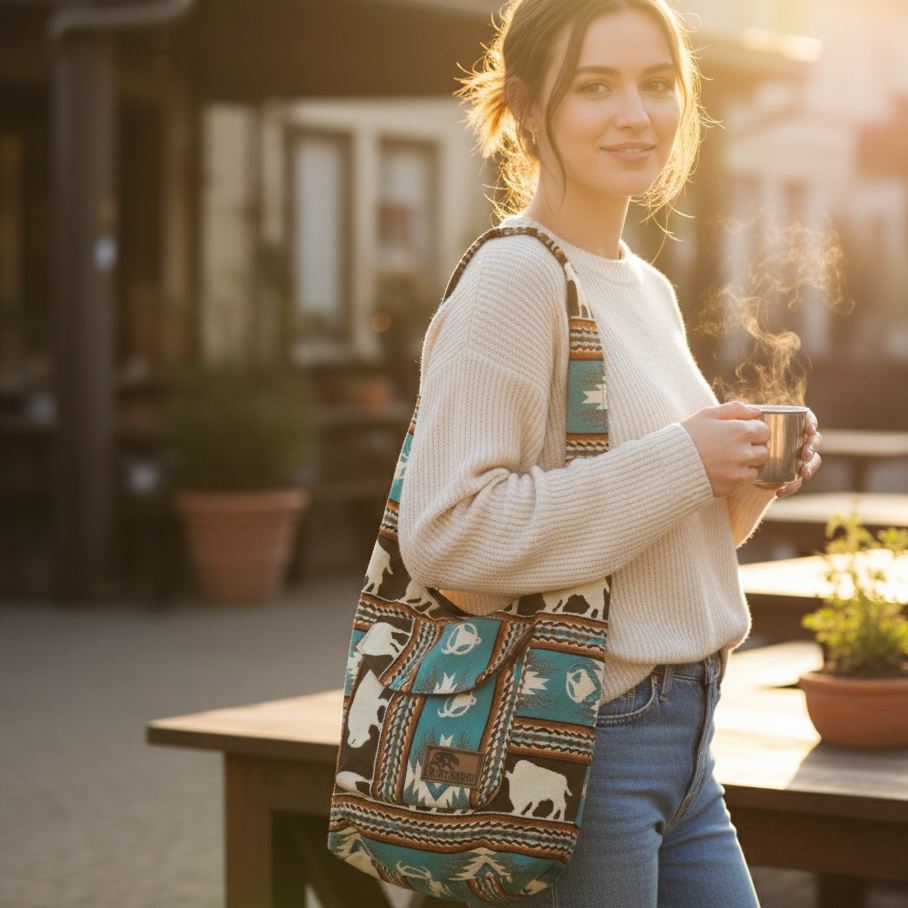 Sac bandoulière OLDTRIBES™ en cuir de buffle marron et turquoise