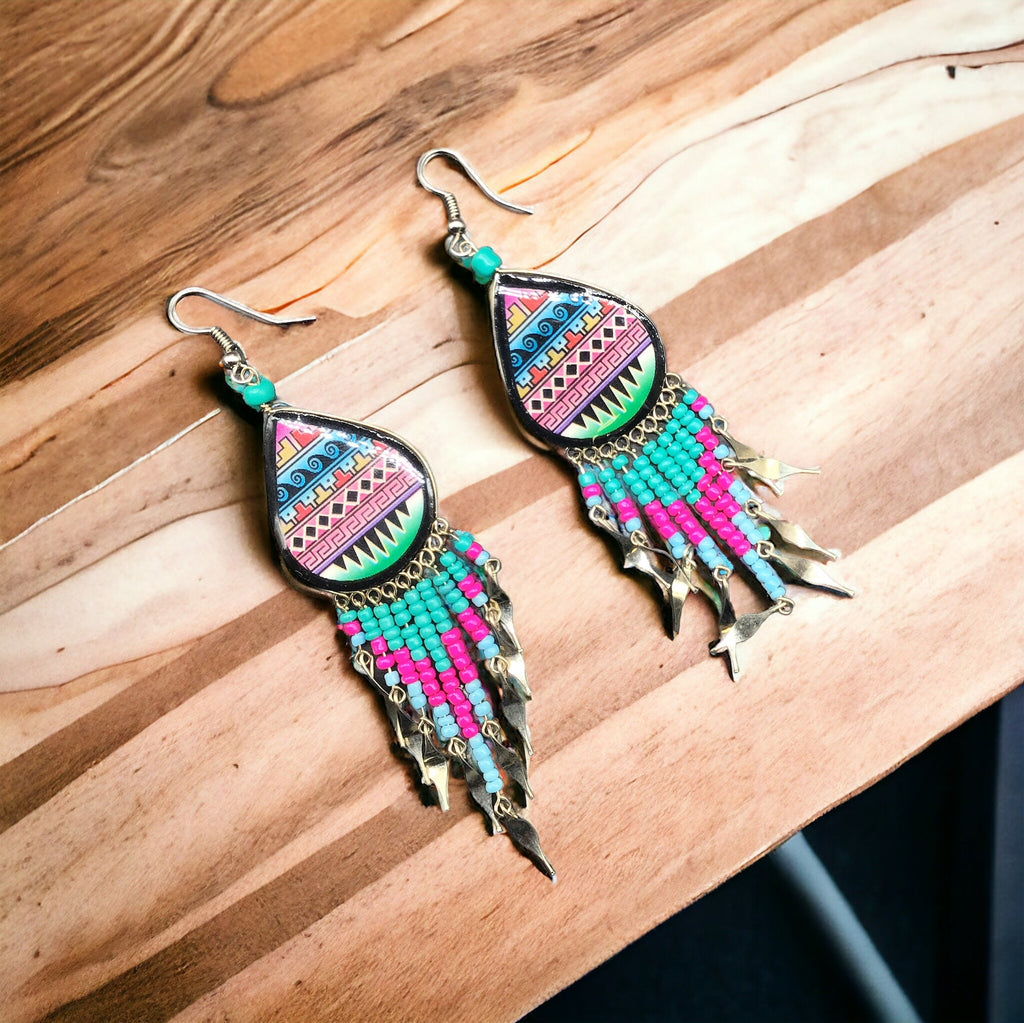 Boucles d'oreilles OldTribes™ roses et vertes peintes du sud-ouest