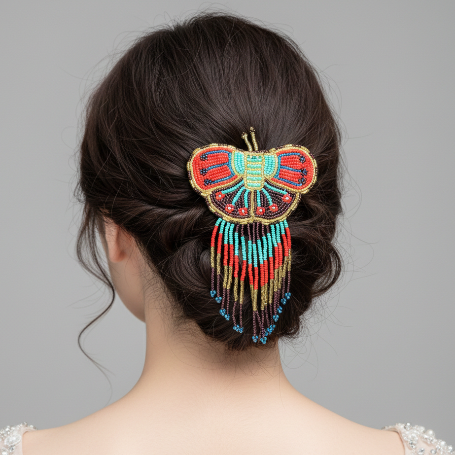 Barrettes papillon perlées à franges rouges et violettes
