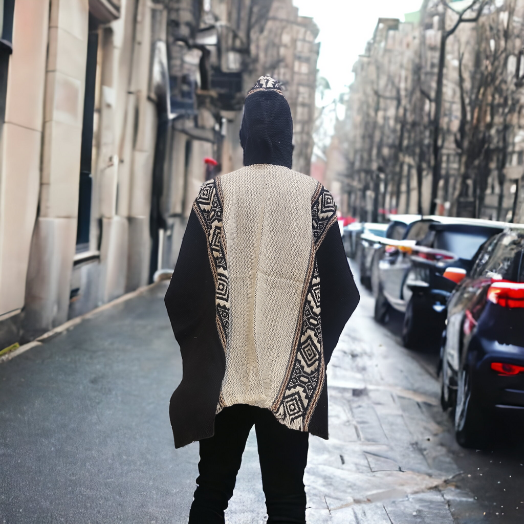 Poncho équitable homme noir et blanc autochtone