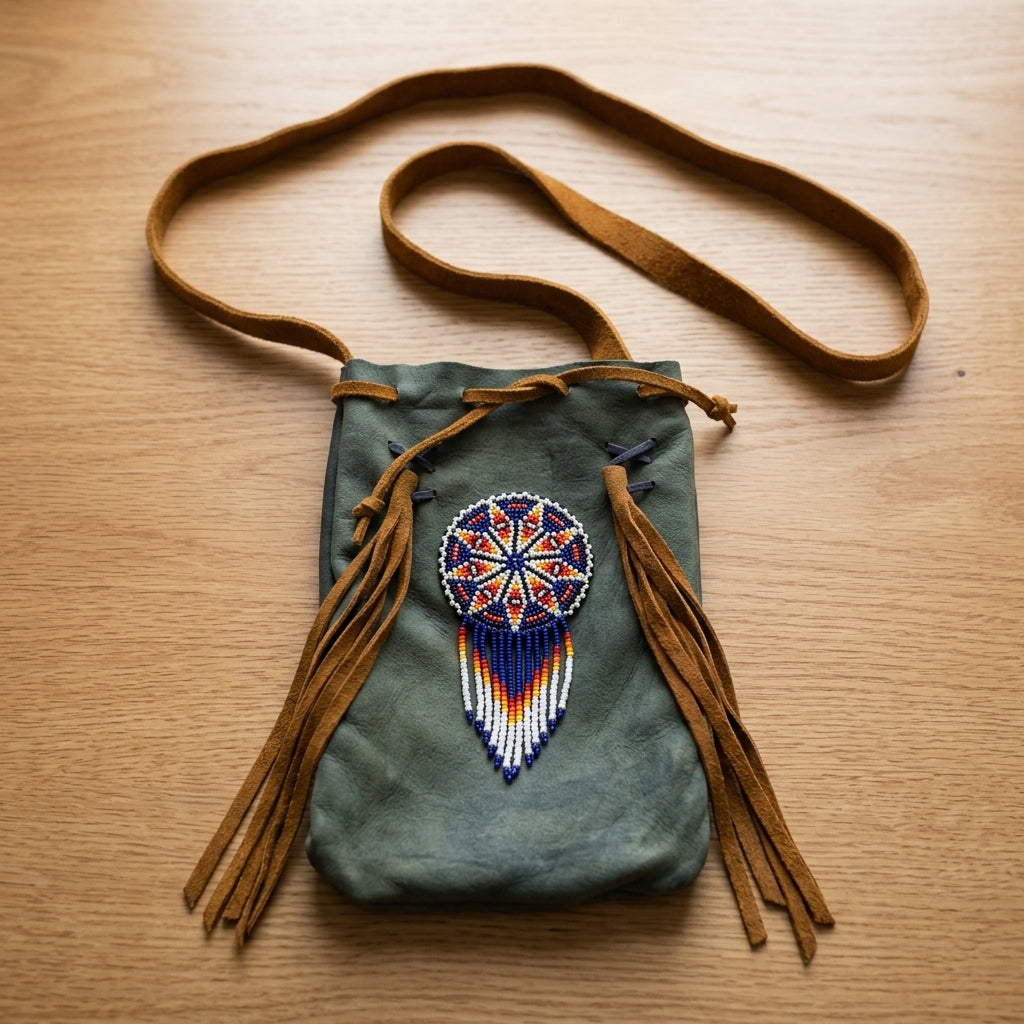 Pochette de téléphone en daim perlé ~ Sauge et rosette à franges