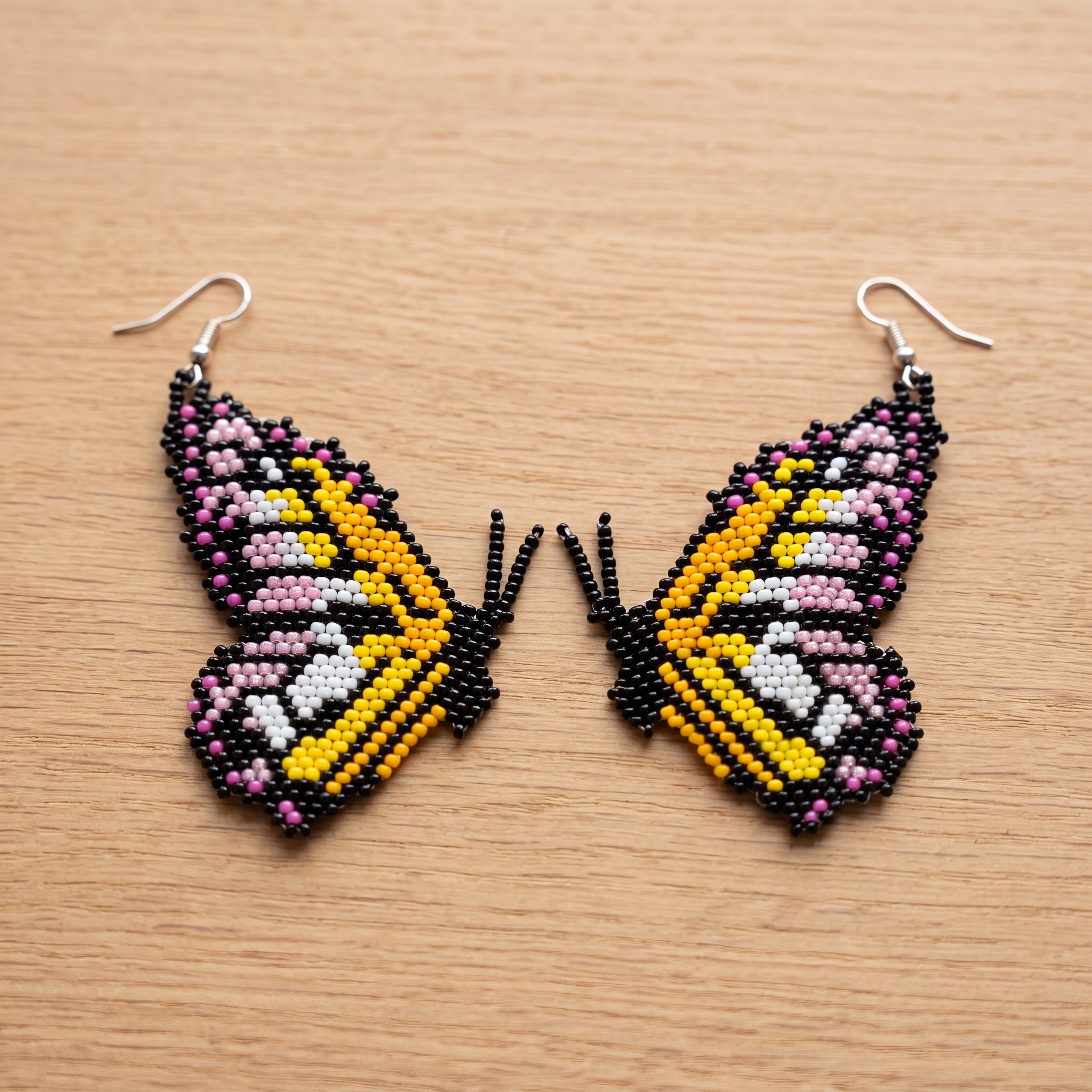 Beaded Butterfly Earrings — Black, Gold & Pink